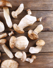 Wild mushrooms on wooden table