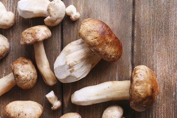 Wild mushrooms on wooden table