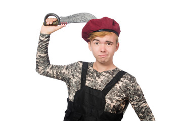 Funny soldier in military concept isolated on the white