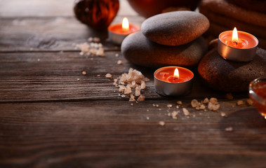 Composition of spa treatment on wooden background
