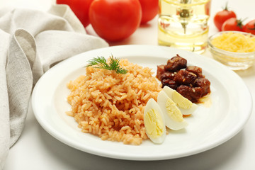 Tasty rice served on table, close-up