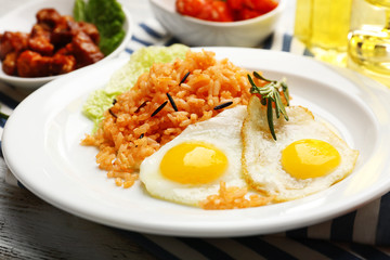 Tasty rice served on table, close-up