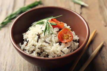 Tasty rice served on table, close-up