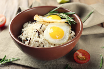 Tasty rice served on table, close-up