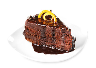 Yummy chocolate cake isolated on white