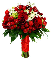 Bridal bouquet of red roses hypericum and ornithogalum