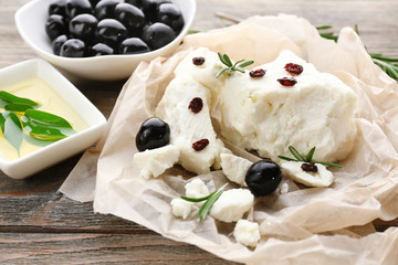 Feta cheese on table