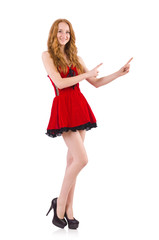 Woman pressing virtual button isolated on white