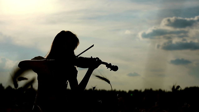 Girl violinist playing the violin in wheat field.