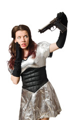 Woman in tech concept isolated on white