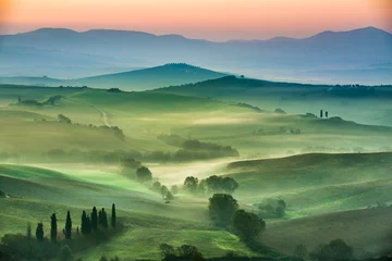 Poster Prachtig uitzicht op groene velden en weiden bij zonsondergang in Toscane © shaiith