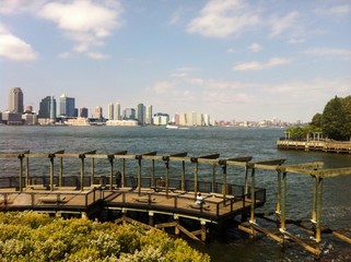 wooden pier on hudson river, Manhattan