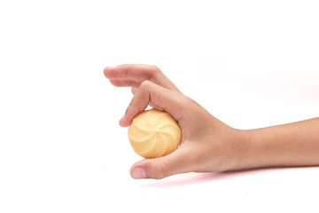Holding  milk cookies  on white background