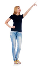 Woman pressing virtual button isolated on white