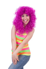 Woman with colourful wig isolated on white