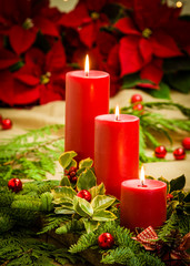 Christmas centerpiece with red poinsettias
