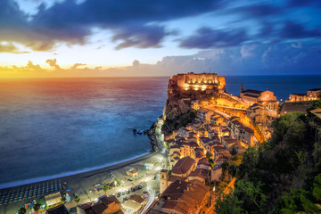 View over Scilla with Castello Ruffo at sunset, Calabria, Italy