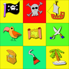 Pirate symbols with skull, ship, parrot and swords