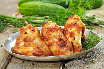 Roasted chicken wings on wooden table