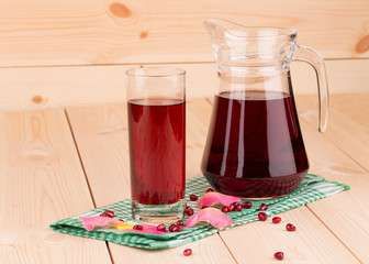 Glass and carafe of pomegranate juice.