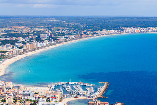 mallorca, can picafort, sant pere  aerial shot city, beach and s