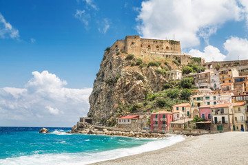 Fototapeta na wymiar Beach of Scilla with Castello Ruffo, Calabria, Italy