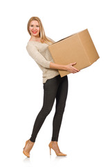 Woman with boxes relocating to new house isolated on white