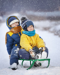 two  happy boys on sled