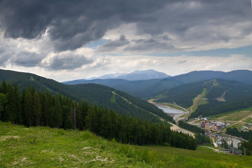 Fototapeta na wymiar view from the mountain to the resort Bukovel