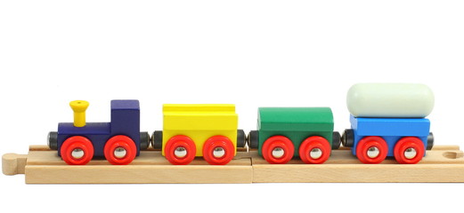 Wooden train toy on rails isolated on white