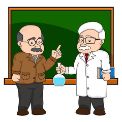 illustration of a chemistry or scientist at a chalkboard.
