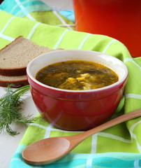 Fresh  green vegetable soup in the red bowl