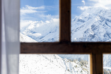 Looking through window at Himalaya Mountains Nepal