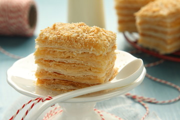 Layer cake from  puff pastry with custard cream