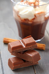 Chocolate pieces with chocolate milkshake and cinnamon stick