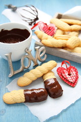 Homemade shortbread cookies with chocolate and hearts