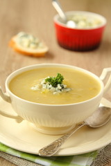 Homemade onion soup with celery and blue cheese