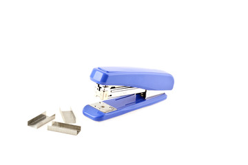 blue stepler with staples on a white background