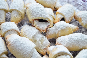 Delicious homemade horns cake with gem and nut cream