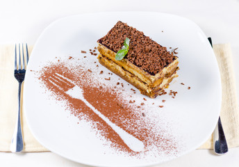 Slice of Chocolate Cake on Plate with Fork Outline