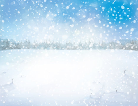 Winter snowy landscape with forest background.