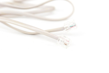 Telephone cable closeup, isolated on white background