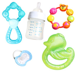 teethers, soother and bottle for babies