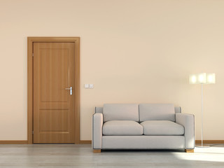 Empty interior scene with sofa and door