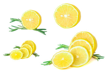 Set of Fresh lemons with rosemary on White ground