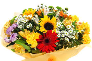 Bouquet of gerbera chrysanthemums and sunflowers