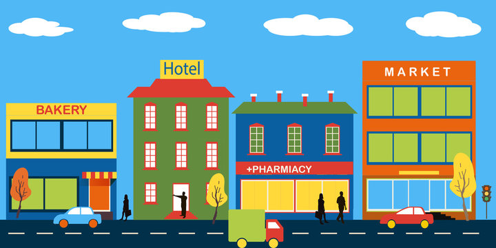 Set of buildings in the style small business flat design