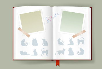 Opened Album With Blank Photo Frames And Cats Silhouettes