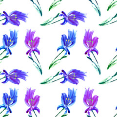Seamless texture of watercolor iris flowers isolated on white ba