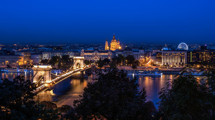 The night view of the Chain bridge, Saint Istvan's basilica and